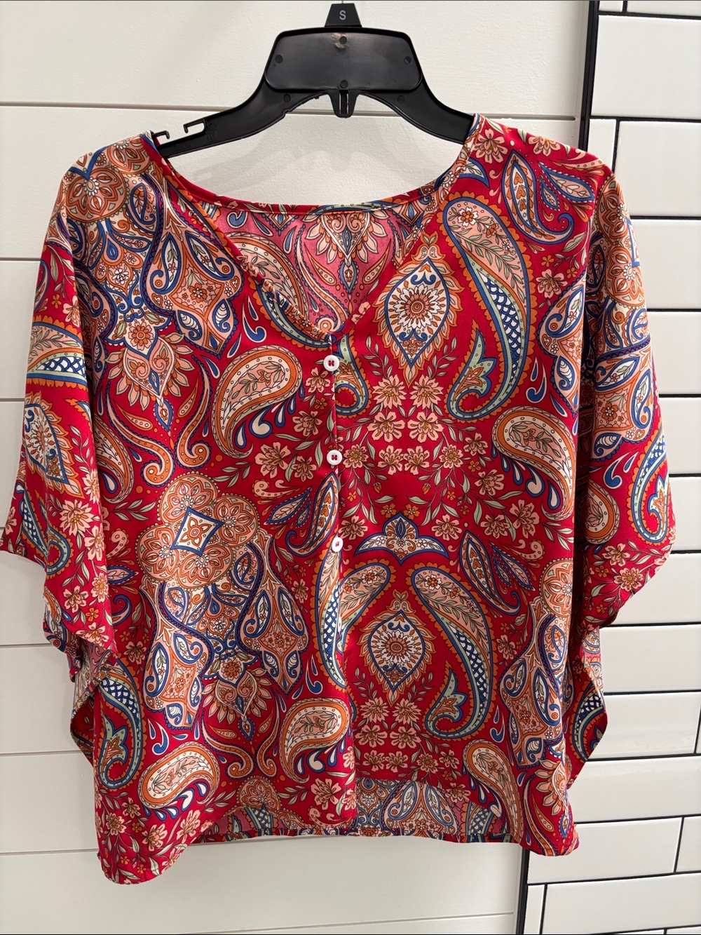 SHEIN Red Paisley Button-Front Short Sleeve Blouse